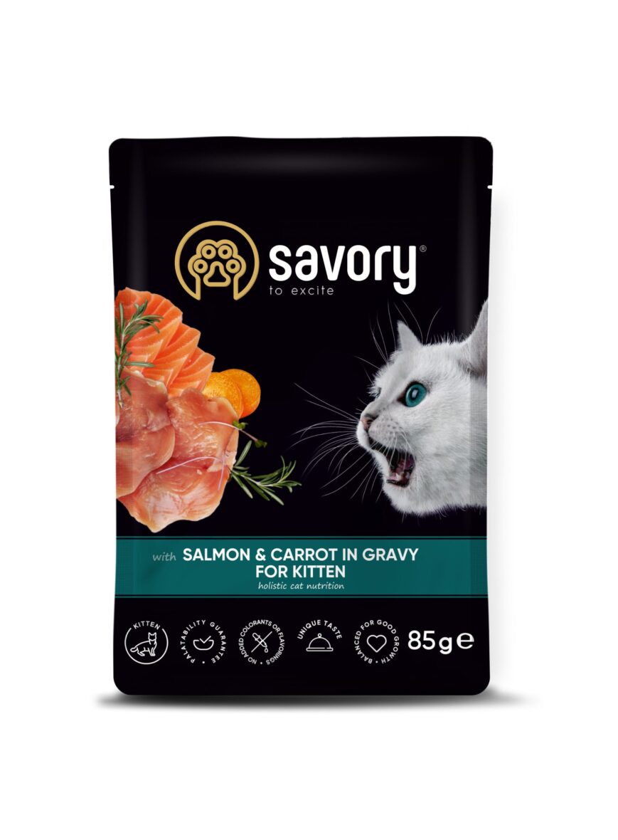 SAVORY влажный корм для котят Salmon and Carrot, с лососем и морковью в  соусе 85g