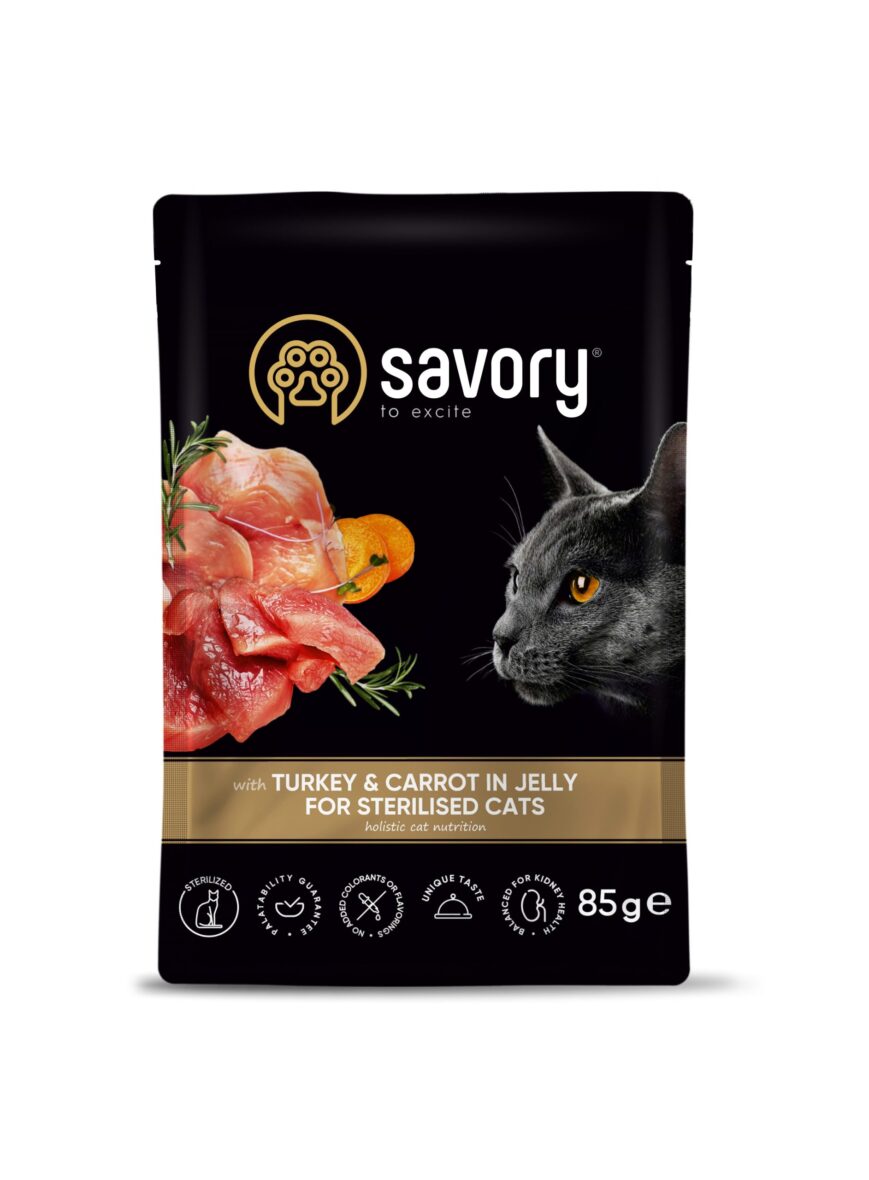 SAVORY влажный корм для кошек Sterilised Turkey and Carrot, с индейкой и морковью в  желе