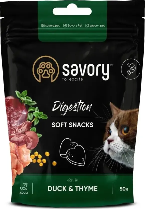 Savory Cat Digestion Soft Snack 50g, лакомство для кошек с уткой и тимьяном