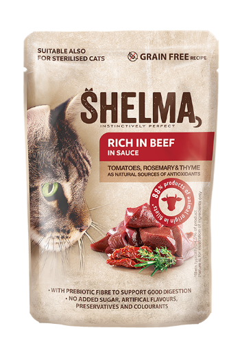 Shelma с говядиной и томатами в соусе, влажный корм для кошек, 85г 1 PetHouse Moldova Shelma с говядиной и томатами в соусе, влажный корм для кошек, 85г