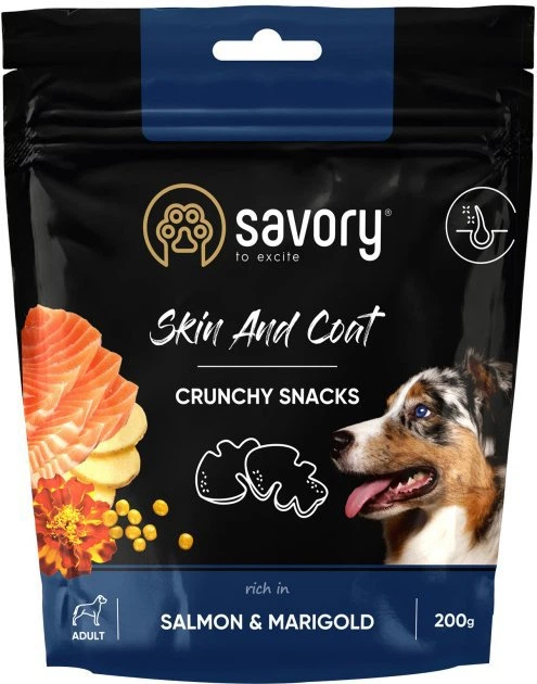 Savory dog crunchy snacks Skin&Coat. Salmon&Marigold 200 g, лакомство для собак с лососем и бархатцами 1 PetHouse Moldova Savory dog crunchy snacks Skin&Coat. Salmon&Marigold 200 g, лакомство для собак с лососем и бархатцами