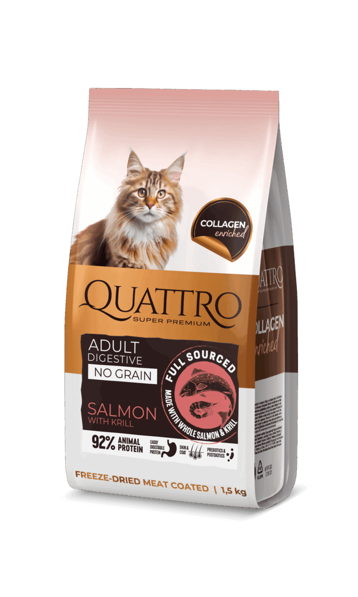 QUATTRO for adult sensitive cats with salmon and krill, сухой корм для взрослых кошек с чувствительным пищеварением, с лососем, крилем и коллагеном.