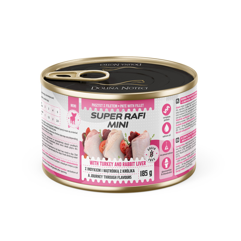 Super Mini RAFI with turkey and rabbit liver 185g, влажный корм для собак с индейкой и печенью кролика 1 PetHouse Moldova Super Mini RAFI with turkey and rabbit liver 185g, влажный корм для собак с индейкой и печенью кролика