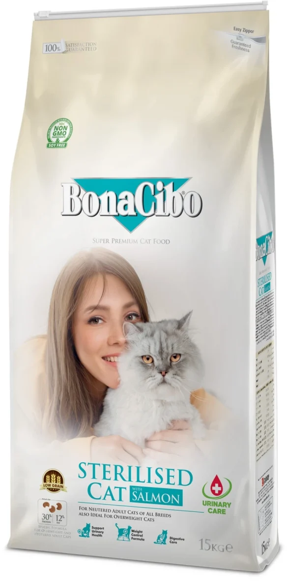 Bonacibo Adult Cat Sterilised Urinary, сухой корм с лососем для стерилизованных кошек
