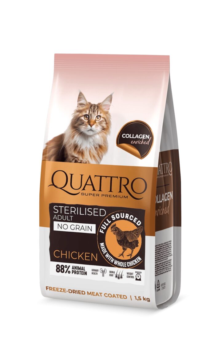QUATTRO NO GRAIN dry food for adult sterilised cats with chicken, сухой корм с курицей для стерилизованных кошек