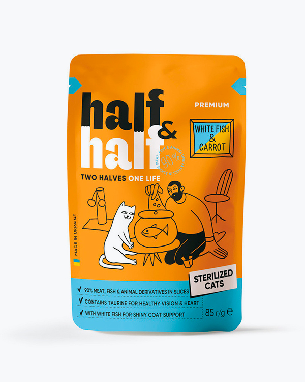 Half&Half влажный корм для стерилизованных кошек, с белой рыбой и морковью в соусе 85г 1 Pet-House Moldova Half&Half влажный корм для стерилизованных кошек, с белой рыбой и морковью в соусе 85г