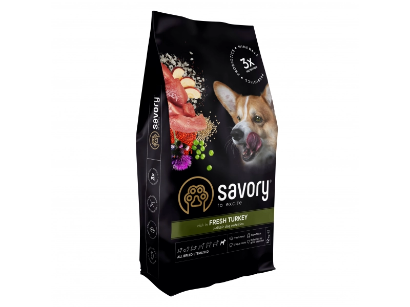 Savory All Breed Sterilised rich in FreshTurkey 3 kg, сухой корм с индейкой, для кастрированных и стерилизованных собак всех пород 1 PetHouse Moldova Savory All Breed Sterilised rich in FreshTurkey 3 kg, сухой корм с индейкой, для кастрированных и стерилизованных собак всех пород