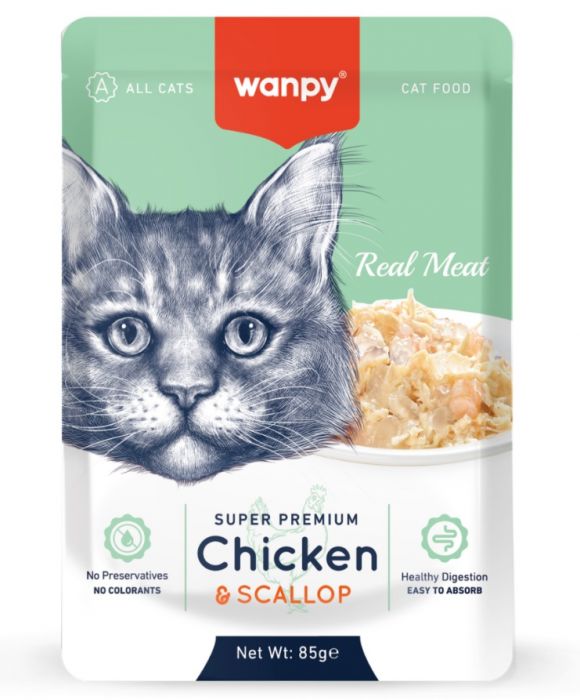 WANPY Report Pouch Chicken/Scallop 85g, влажный для кошек, с курицей и гребешком 1 Pet-House Moldova WANPY Report Pouch Chicken/Scallop 85g, влажный для кошек, с курицей и гребешком