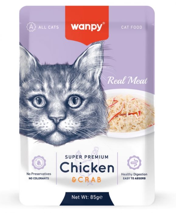WANPY report pouch chicken/crab 85g, влажный для кошек, с курицей и крабом 1 Pet-House Moldova WANPY report pouch chicken/crab 85g, влажный для кошек, с курицей и крабом