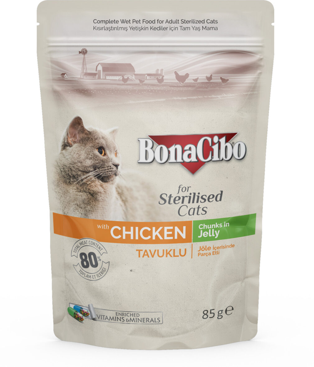 Bonacibo Pouch-Wet Adult Cat Food CIJ-Sterilised-Chicken 85g, влажный корм для стерилизованных кошек