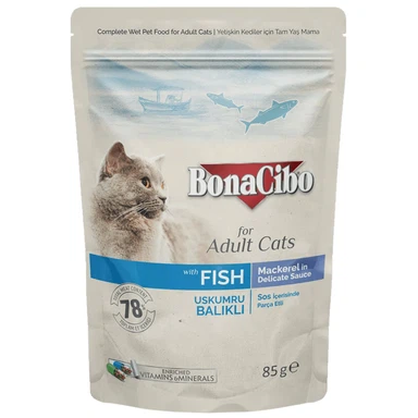 Bonacibo Pouch-Wet Adult Cat Food DS-Fish (Mackerel) 85g, влажный корм для взрослых кошек 1 PetHouse Moldova Bonacibo Pouch-Wet Adult Cat Food DS-Fish (Mackerel) 85g, влажный корм для взрослых кошек