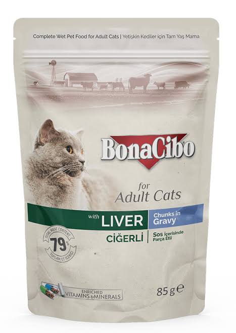 Bonacibo Pouch-Wet Adult Cat Food CIG-Liver 85g, влажный корм для взрослых кошек 1 Pet-House Moldova Bonacibo Pouch-Wet Adult Cat Food CIG-Liver 85g, влажный корм для взрослых кошек