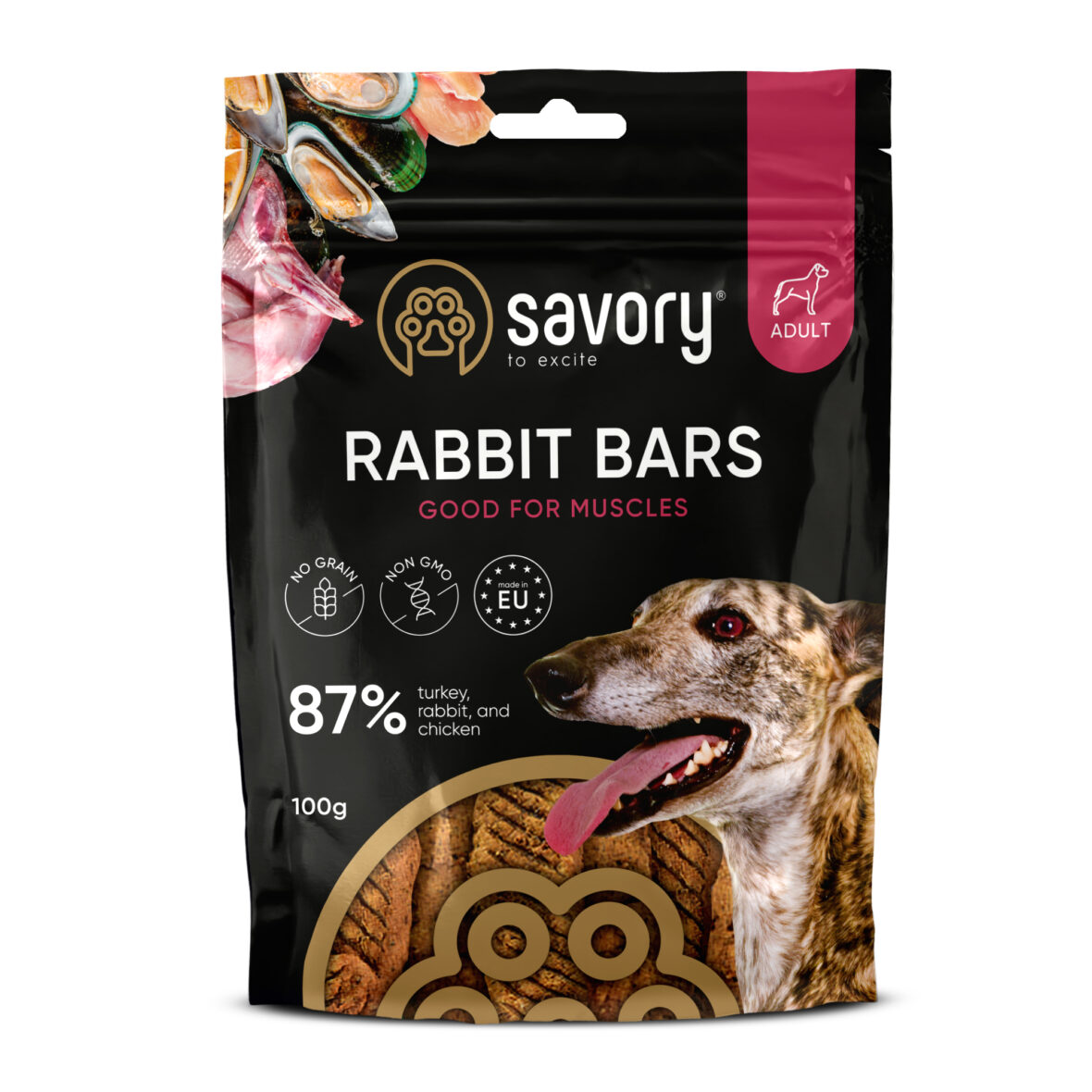 Savory Jerky Adult Dog Rabbit bar 100 g, лакомство для собак с лососем 3 PetHouse Moldova Savory Jerky Adult Dog Rabbit bar 100 g, лакомство для собак с лососем