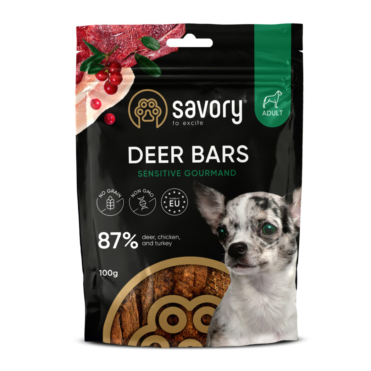 Savory Jerky Adult Dog Venison bar 100 g, лакомство для собак с олениной 3 PetHouse Moldova Savory Jerky Adult Dog Venison bar 100 g, лакомство для собак с олениной