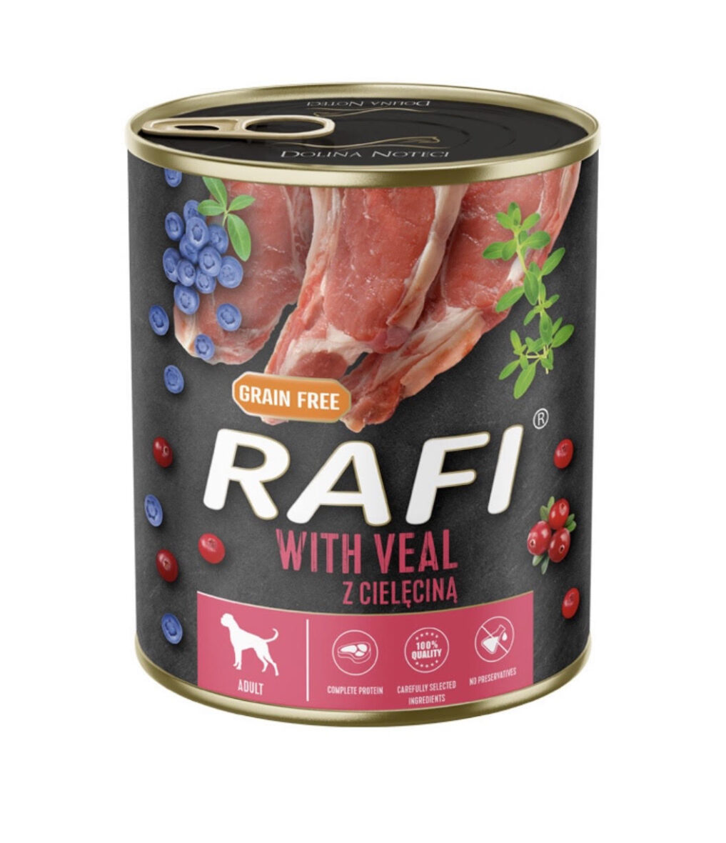 RAFI DOG PATE, влажный корм для собак с телятиной, черникой и клюквой 400g